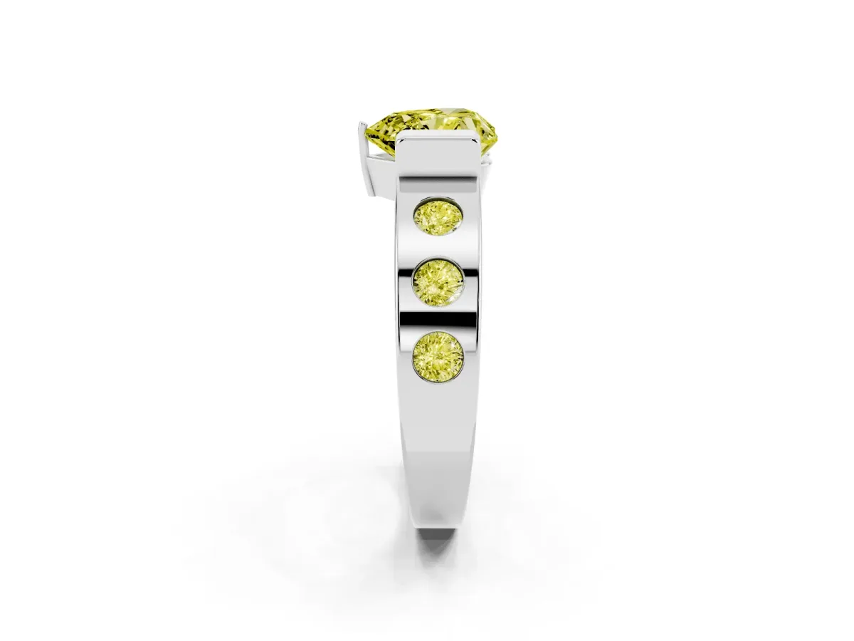 Fancy Yellow Heart Cut Brilliant Channel-Set Diamond Ring with Bezel Prong Setting Platinum