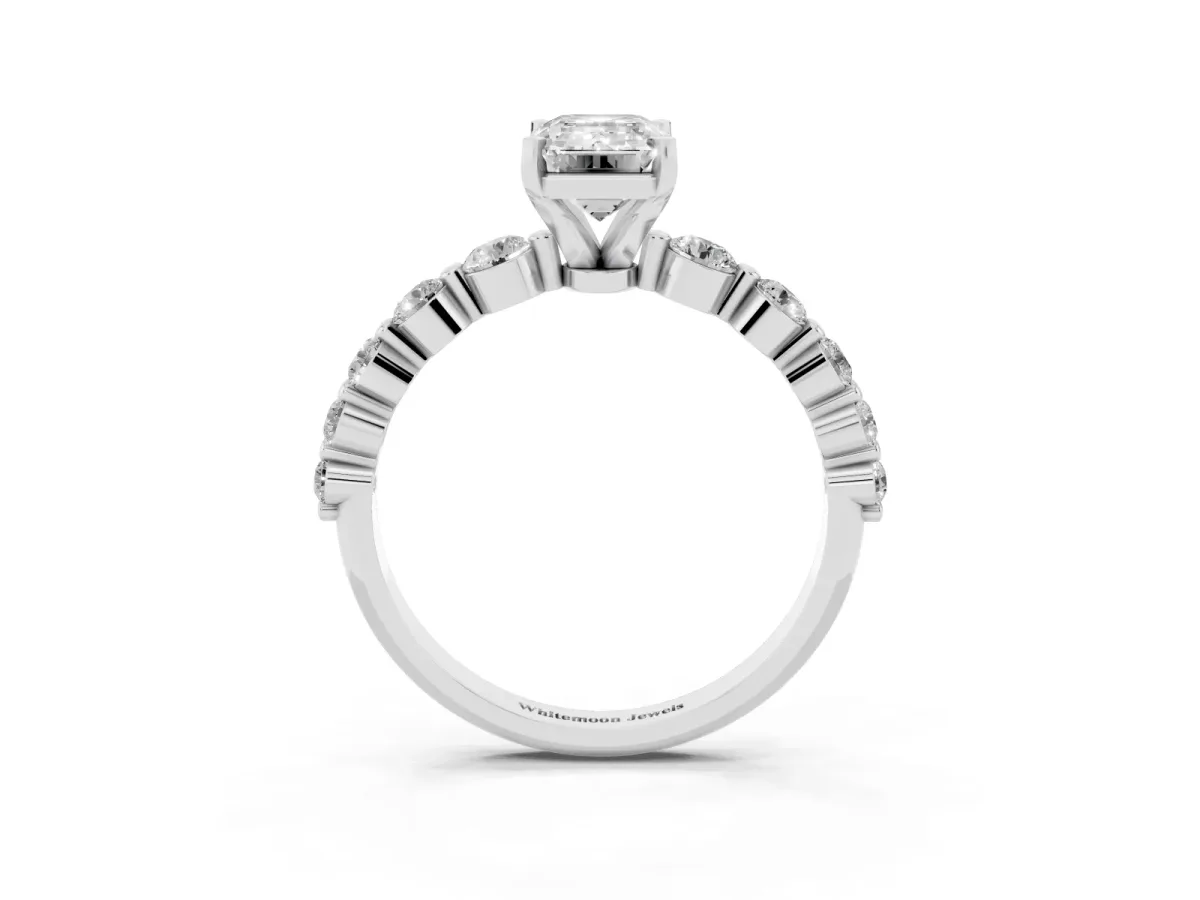 Emerald Cut Solitaire Diamond Ring with Pave Band and Four-Prong Setting Silver