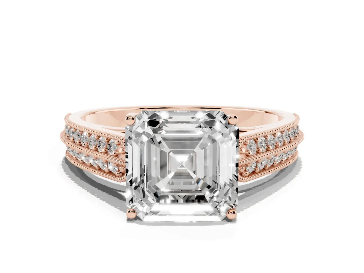 Asscher Cut Cut Pave Split Shank Engagement Ring with Four-Prong Setting Rose gold