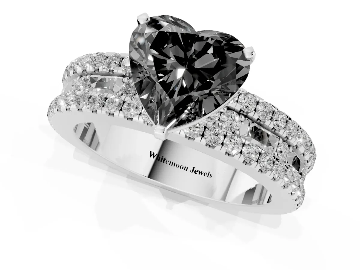 Fancy Black Heart Cut Diamond Solitaire Ring with Pavé and Channel Set Band Silver