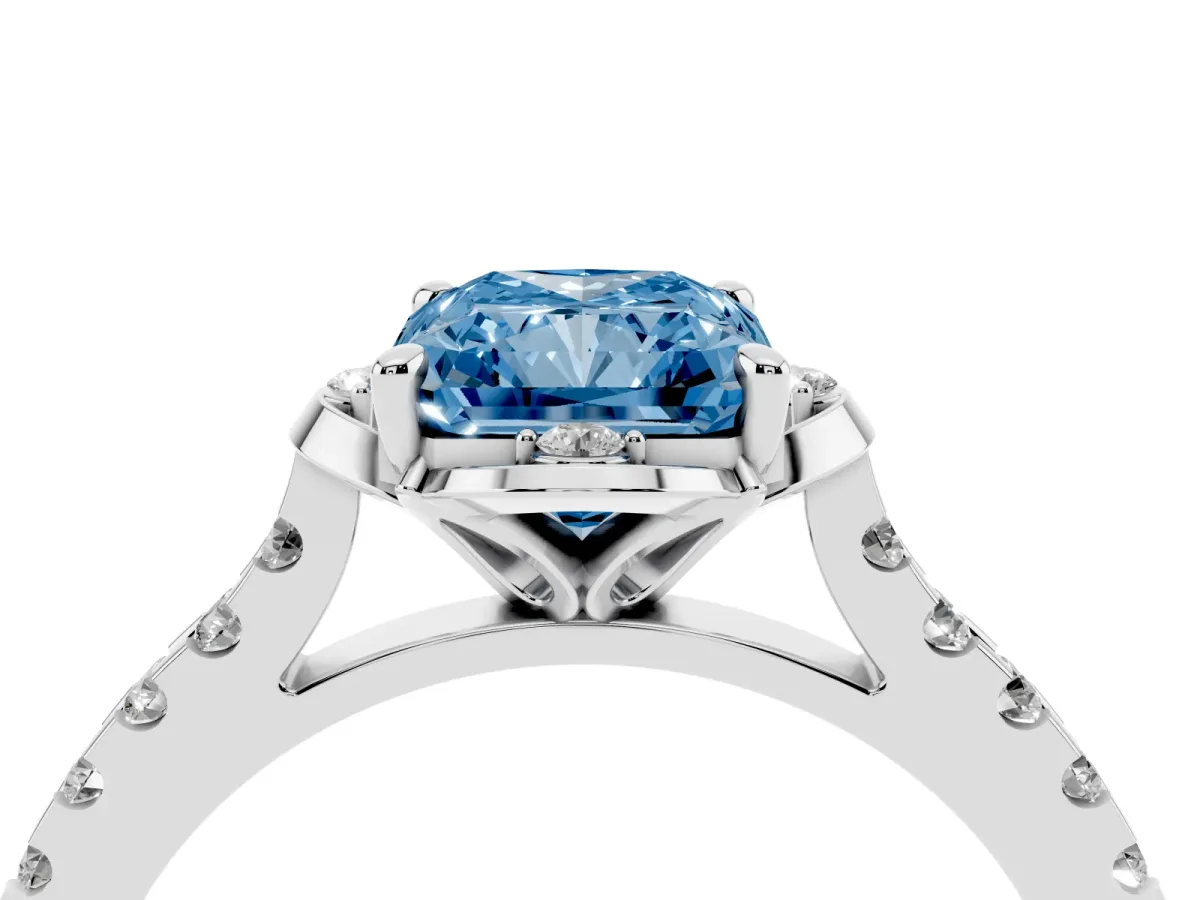 Fancy Blue Radiant Cut Diamond Ring with Pavé Band and Floral Prong Setting White gold