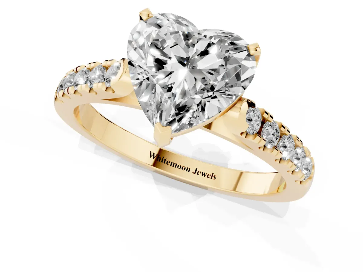 Heart Cut Diamond Pavé Band Solitaire Ring with Prong Setting Yellow gold