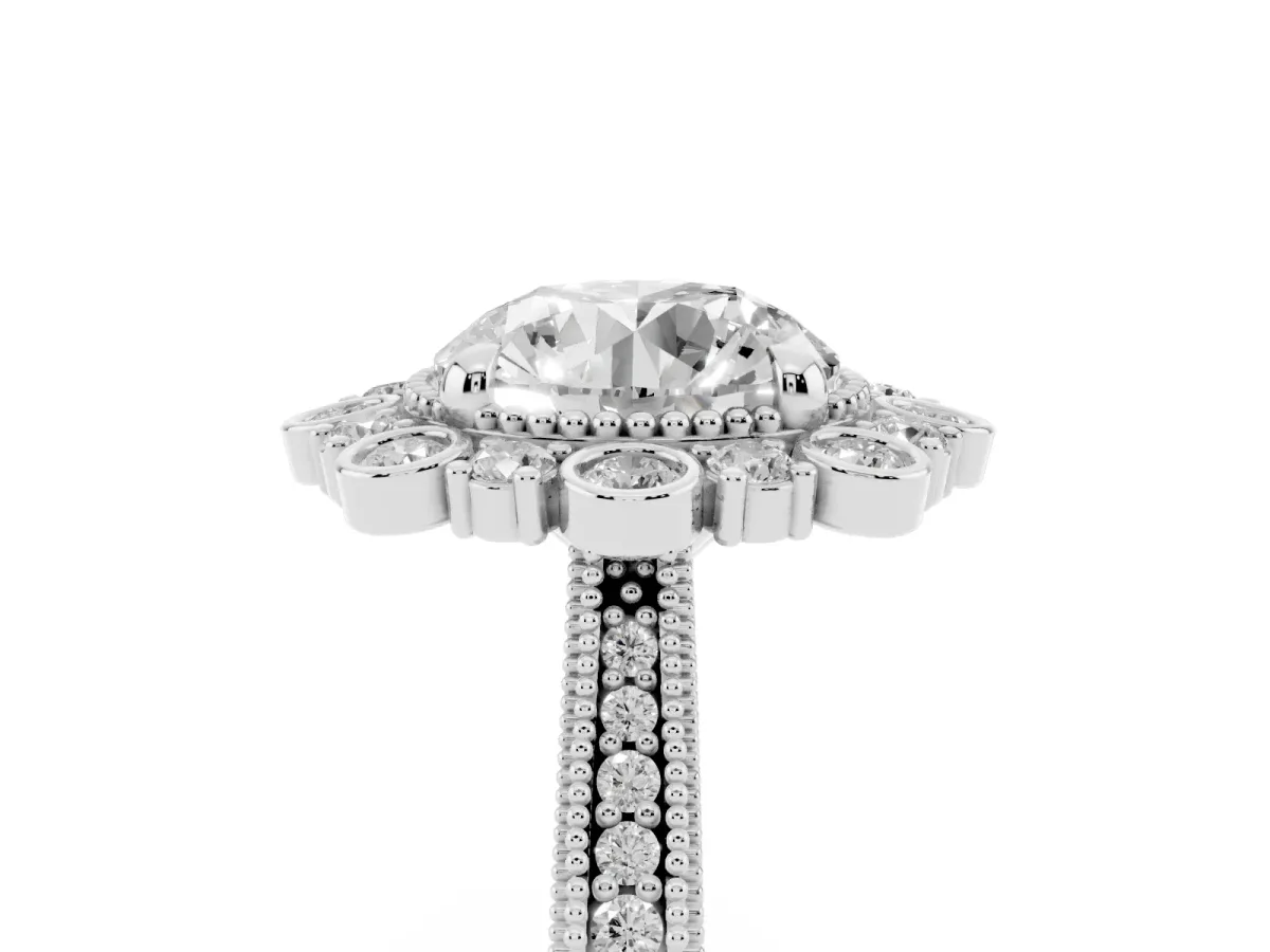 Round Cut Halo Milgrain Pave Diamond Ring with Four-Prong Setting Platinum