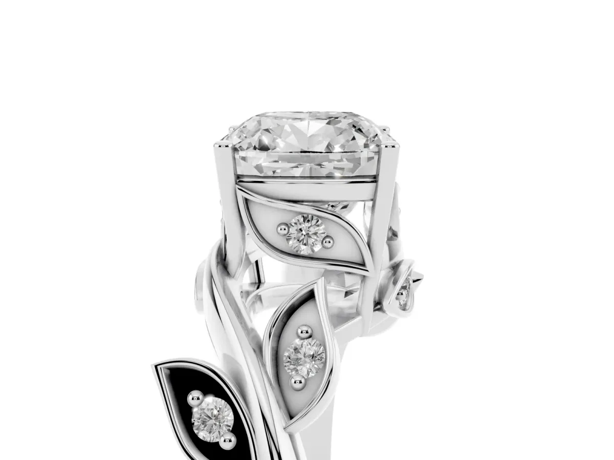 Cushion Cut Solitaire Twist Engagement Ring with Leaf Accents and Prong Setting Silver