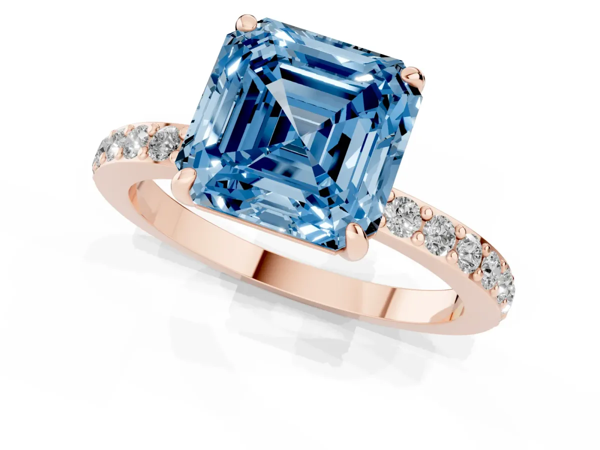 Fancy Blue Asscher Cut Diamond Solitaire Engagement Ring with Pavé Band and Four-Prong Setting Rose gold
