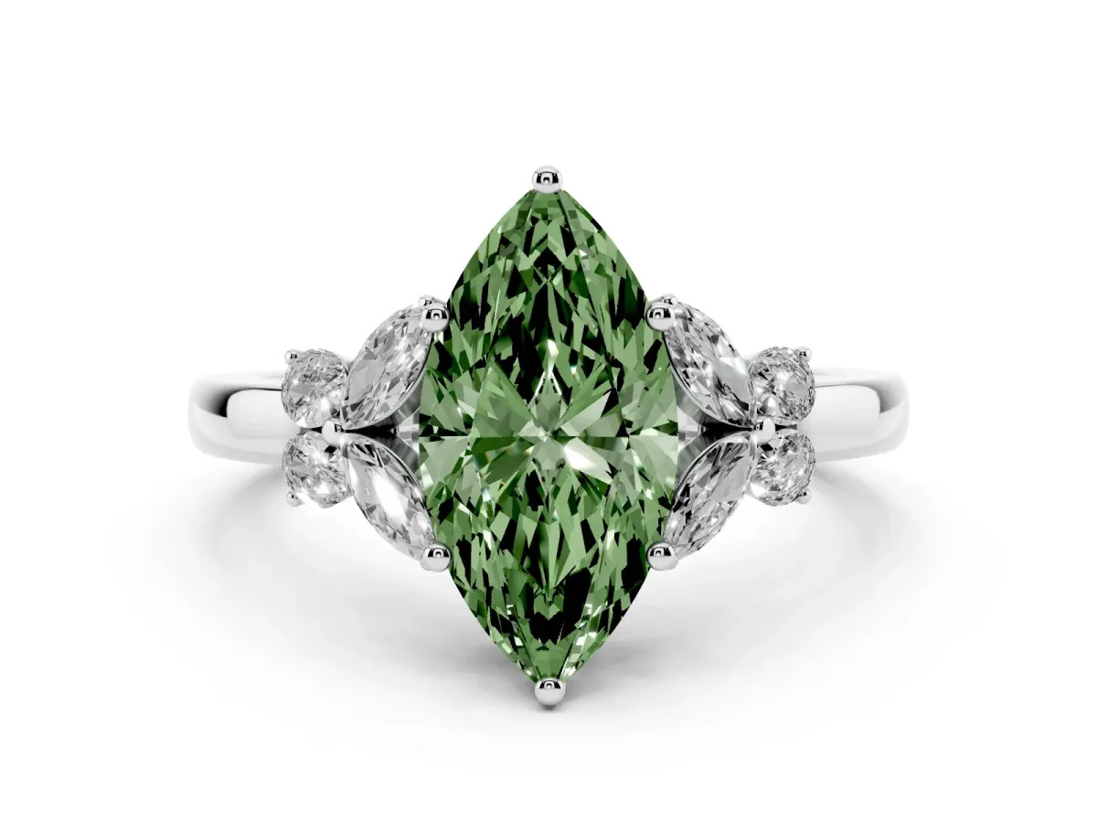 Fancy Green Marquise Cut Cut Solitaire Floral Diamond Ring with Four-Prong Setting Silver