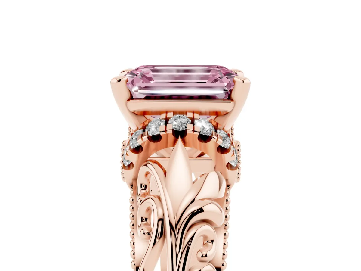 Fancy Pink Emerald Cut Solitaire Filigree Engagement Ring with Halo and Prong Setting Rose gold