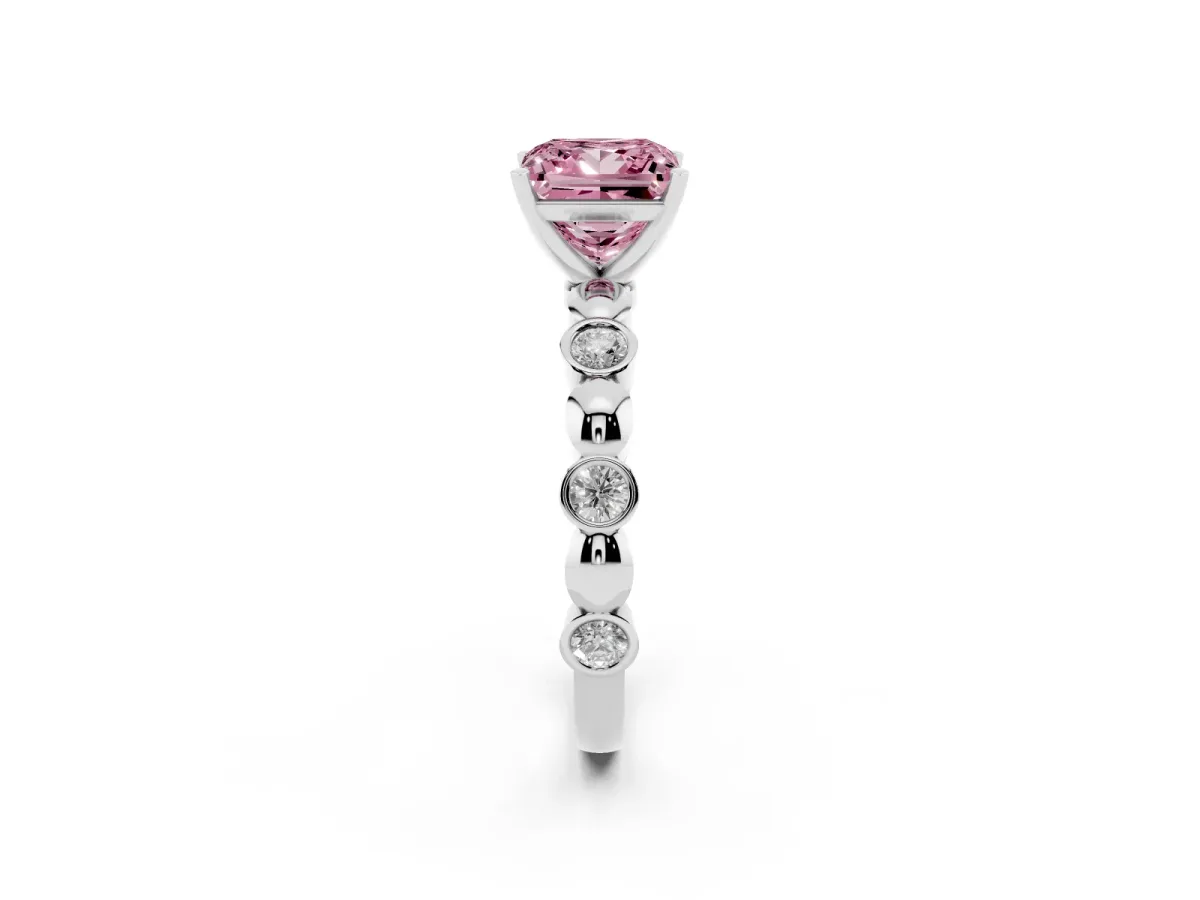 Fancy Pink Princess Cut Solitaire Bezel-Set Diamond Ring with Beaded Band and Four-Prong Setting White gold