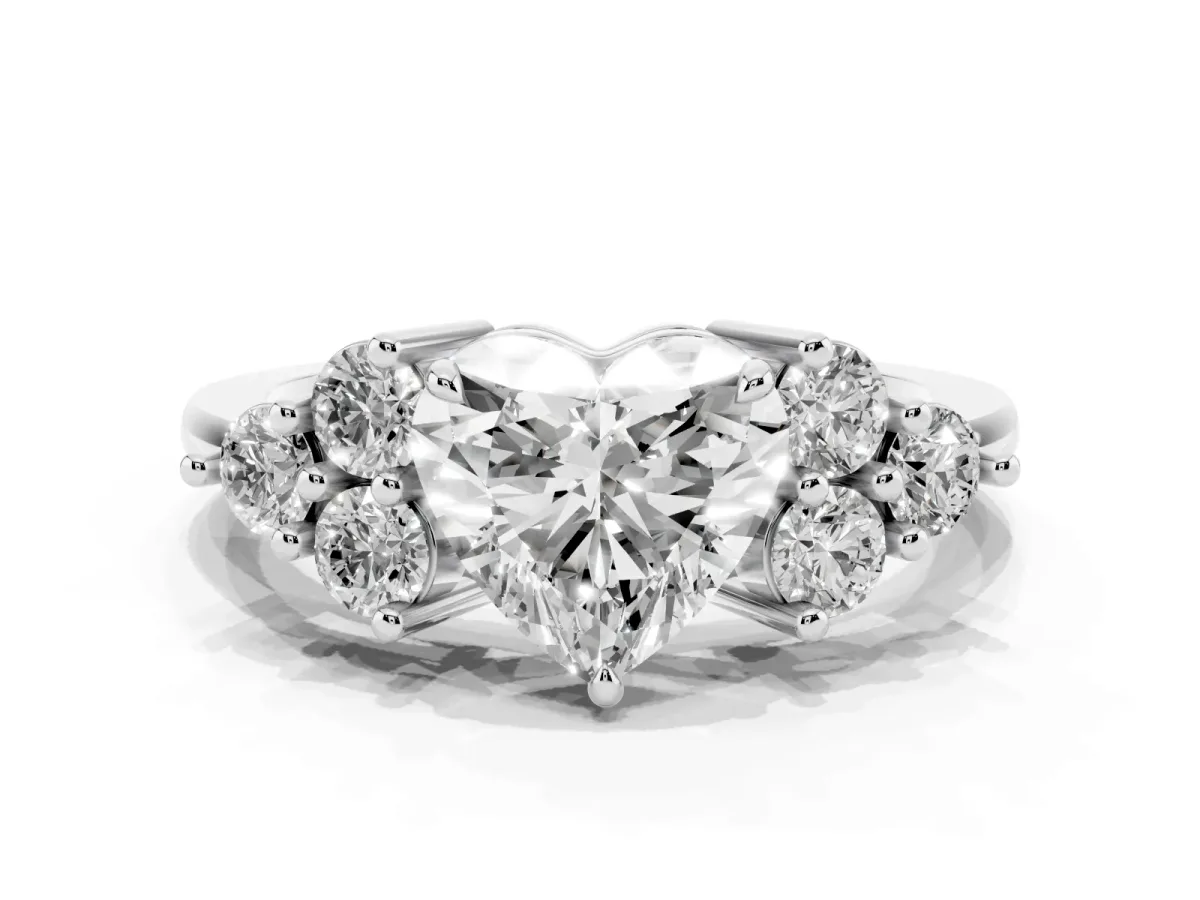 Heart Cut Brilliant Diamond Cluster Accent Solitaire Ring with Prong Setting Platinum