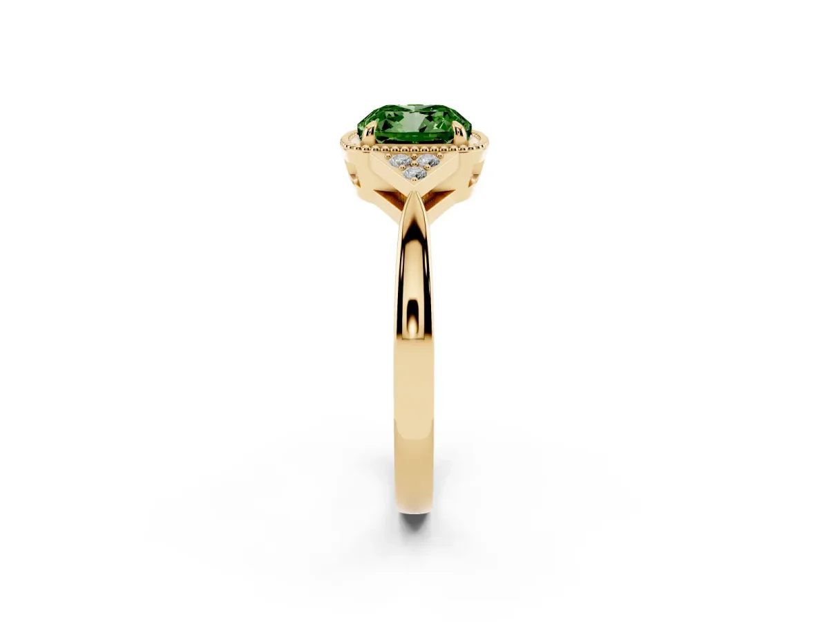 Fancy Green Cushion Cut Diamond Halo Ring with Tapered Band and Four-Prong Setting Yellow gold