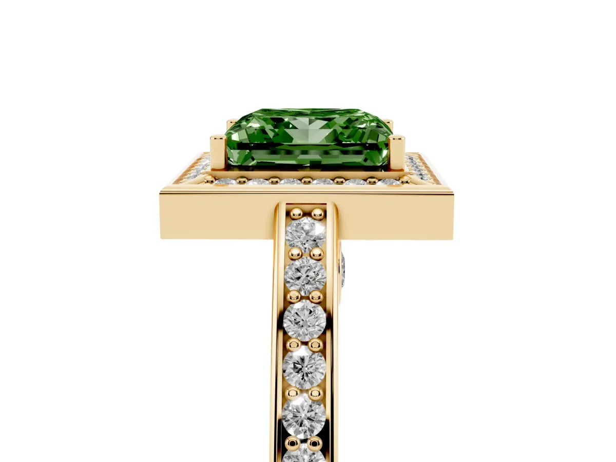 Fancy Green Princess Cut Cut Halo Pave Split Shank Prong Setting Ring Yellow gold