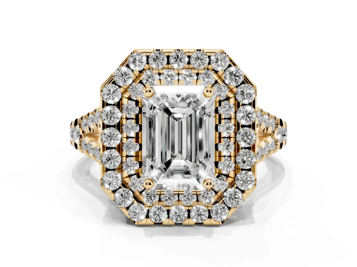 Double Halo Emerald Cut Diamond Pavé Split Shank Ring with Prong Setting Yellow gold