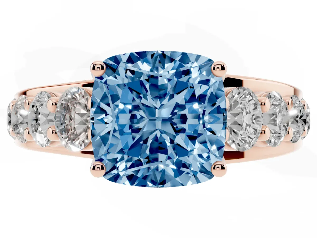 Fancy Blue Cushion Cut Diamond Engagement Ring with Pavé Band and Four-Prong Setting Rose gold