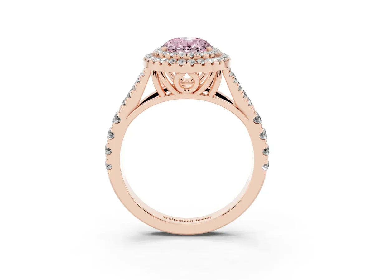 Fancy Pink Oval Cut Diamond Pavé Split Shank Double Halo Engagement Ring Rose gold