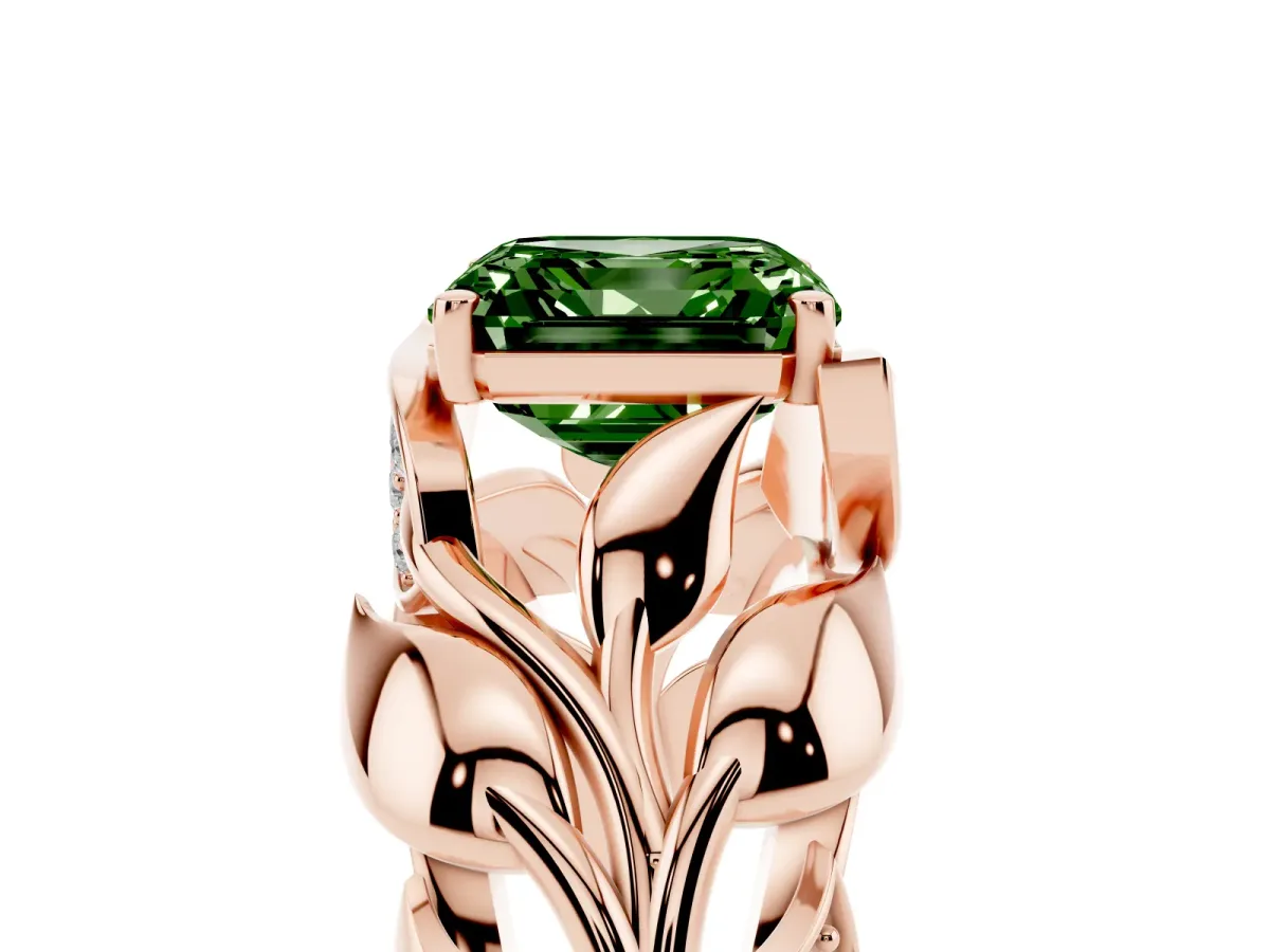 Fancy Green Asscher Cut Diamond Leaf-Inspired Engagement Ring with Round Accents and Prong Setting Rose gold