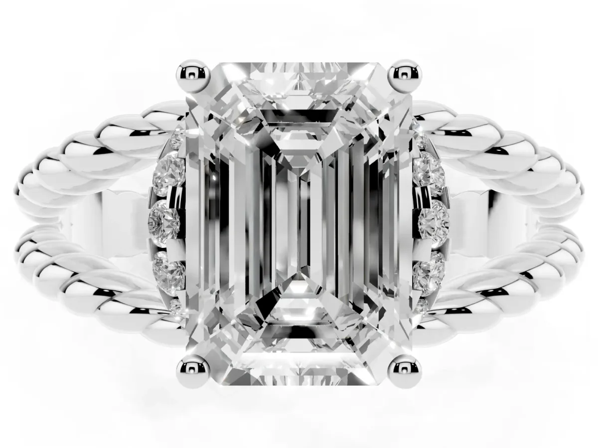 Emerald Cut Halo Twisted Band Four-Prong Ring Silver