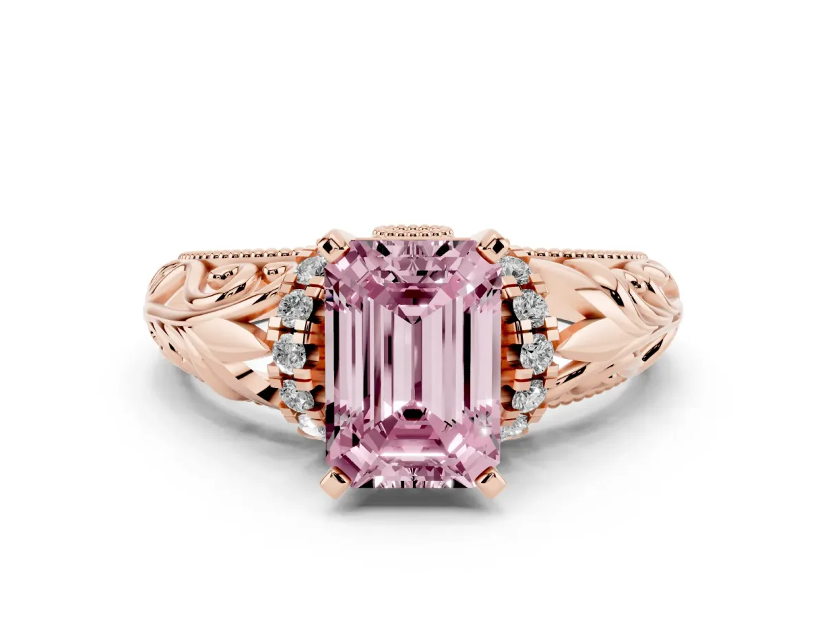 Fancy Pink Emerald Cut Solitaire Filigree Engagement Ring with Halo and Prong Setting Rose gold