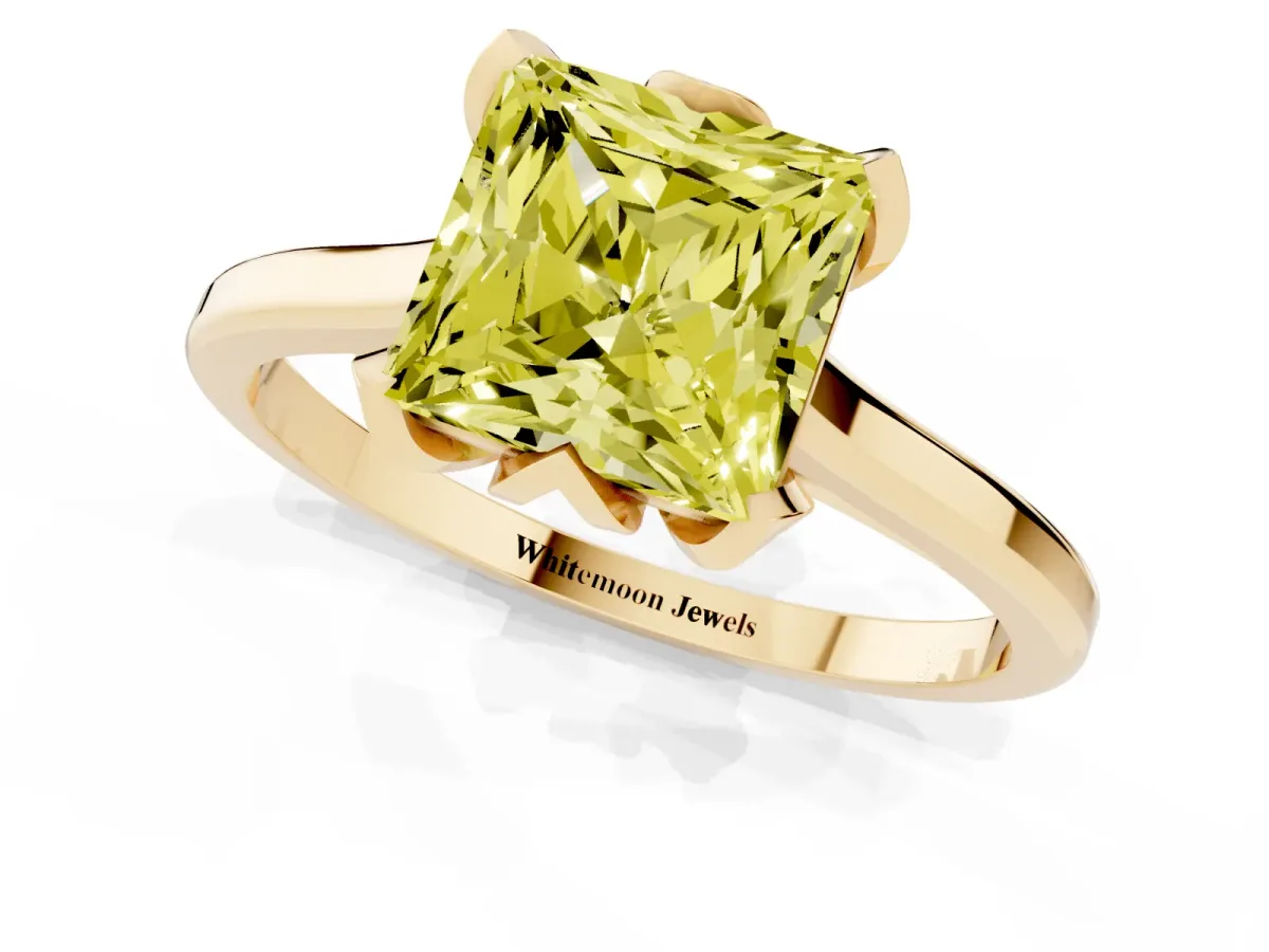 Fancy Yellow Princess Cut Diamond Solitaire Ring with Flower Prong Setting and Classic Band Yellow gold