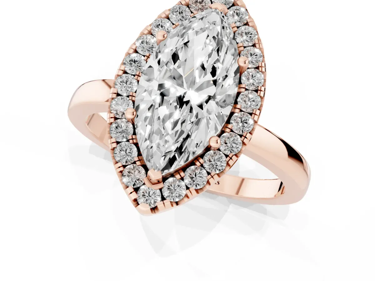 Marquise Cut Halo Diamond Solitaire with Pavé Band and Four-Prong Setting Rose gold