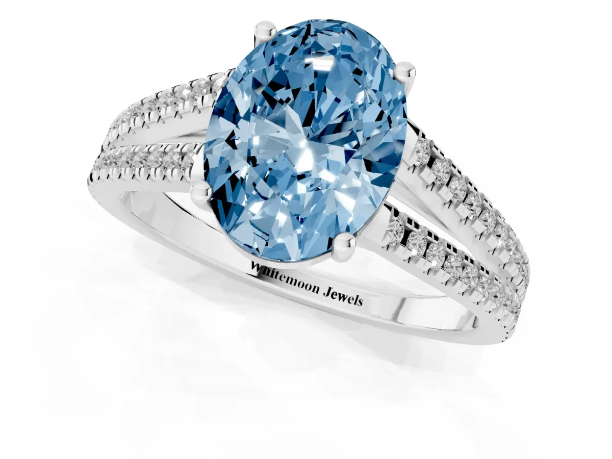 Fancy Blue Oval Cut Diamond Solitaire Engagement Ring with Split Shank Pavé Band Platinum