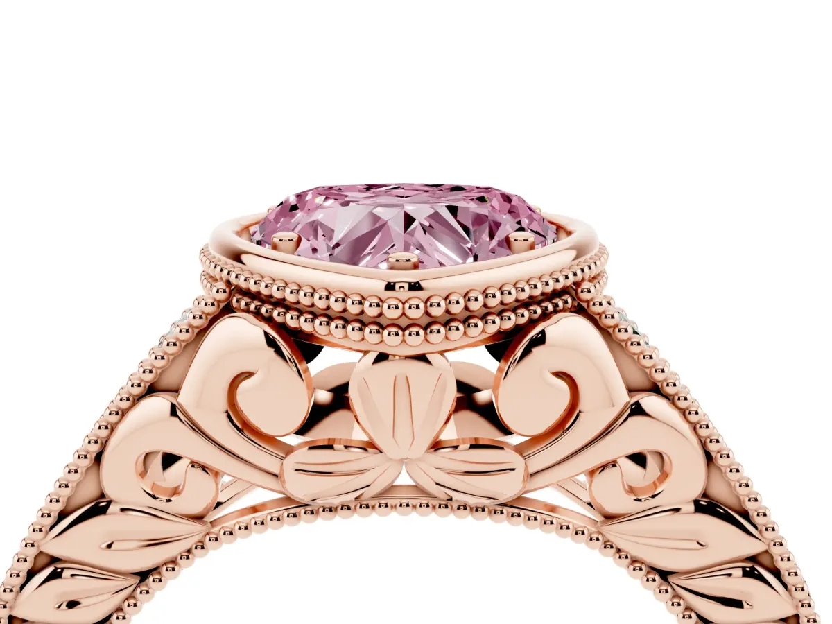 Fancy Pink Bezel Set Heart Cut Diamond Milgrain Pave Engagement Ring Rose gold