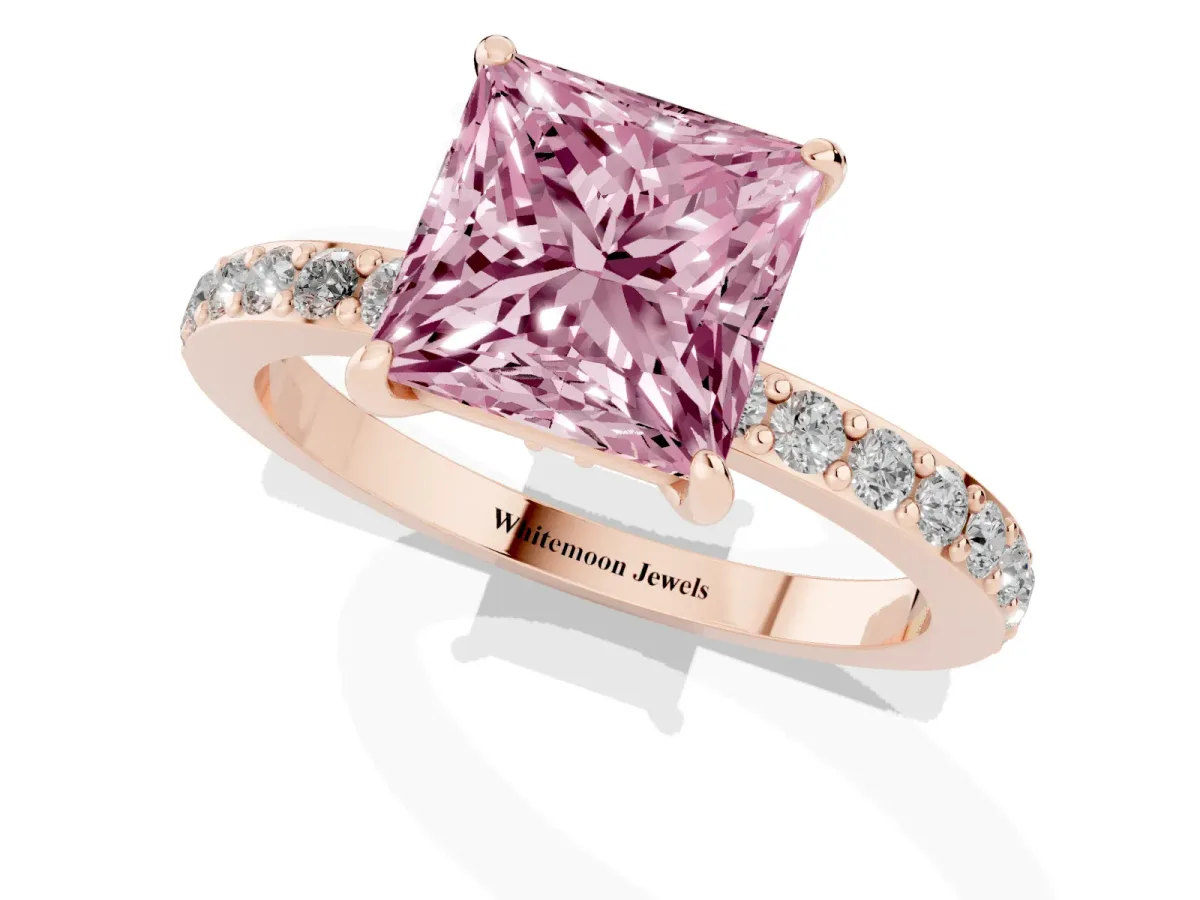 Fancy Pink Princess Cut Diamond Pavé Engagement Ring with Round Accents and Prong Setting Rose gold