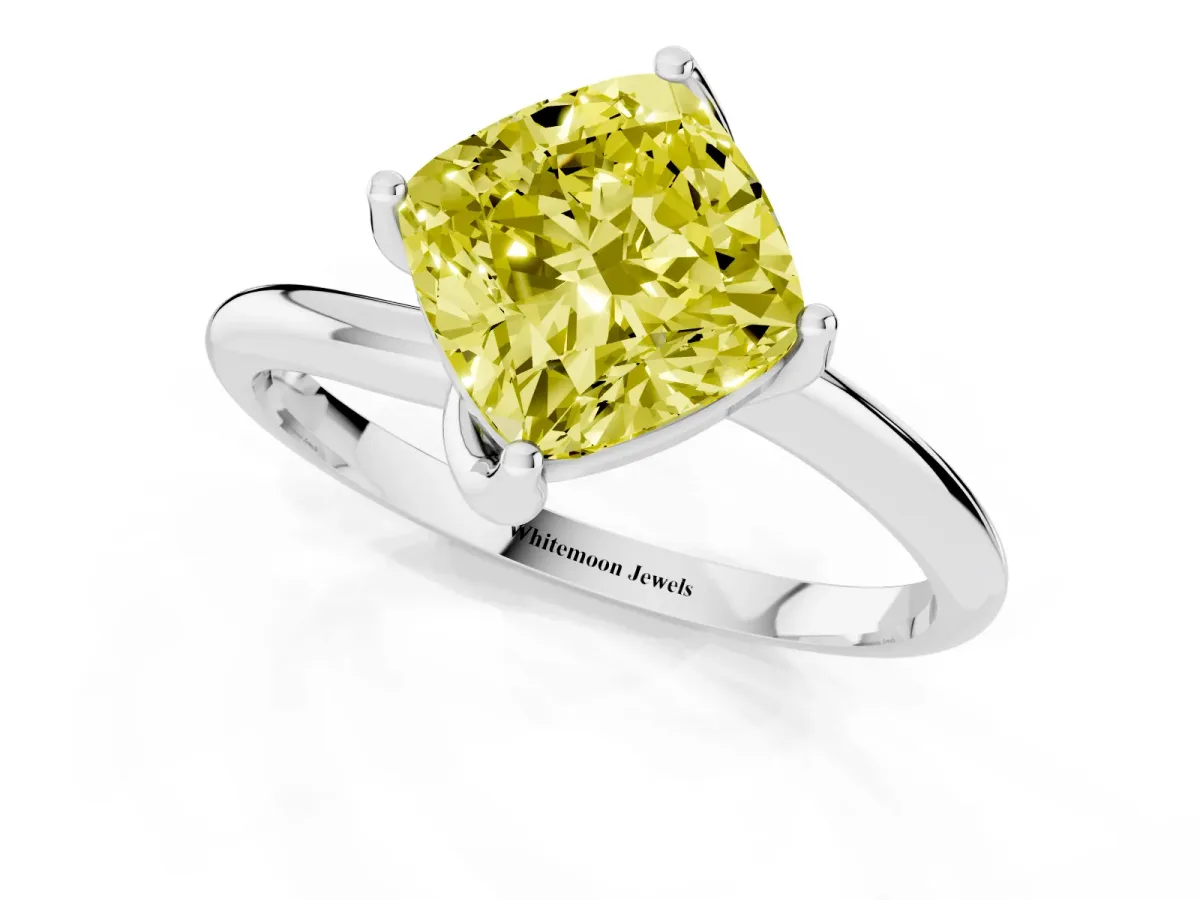Fancy Yellow Cushion Cut Diamond Solitaire Engagement Ring with Four-Prong Setting and Classic Band White gold