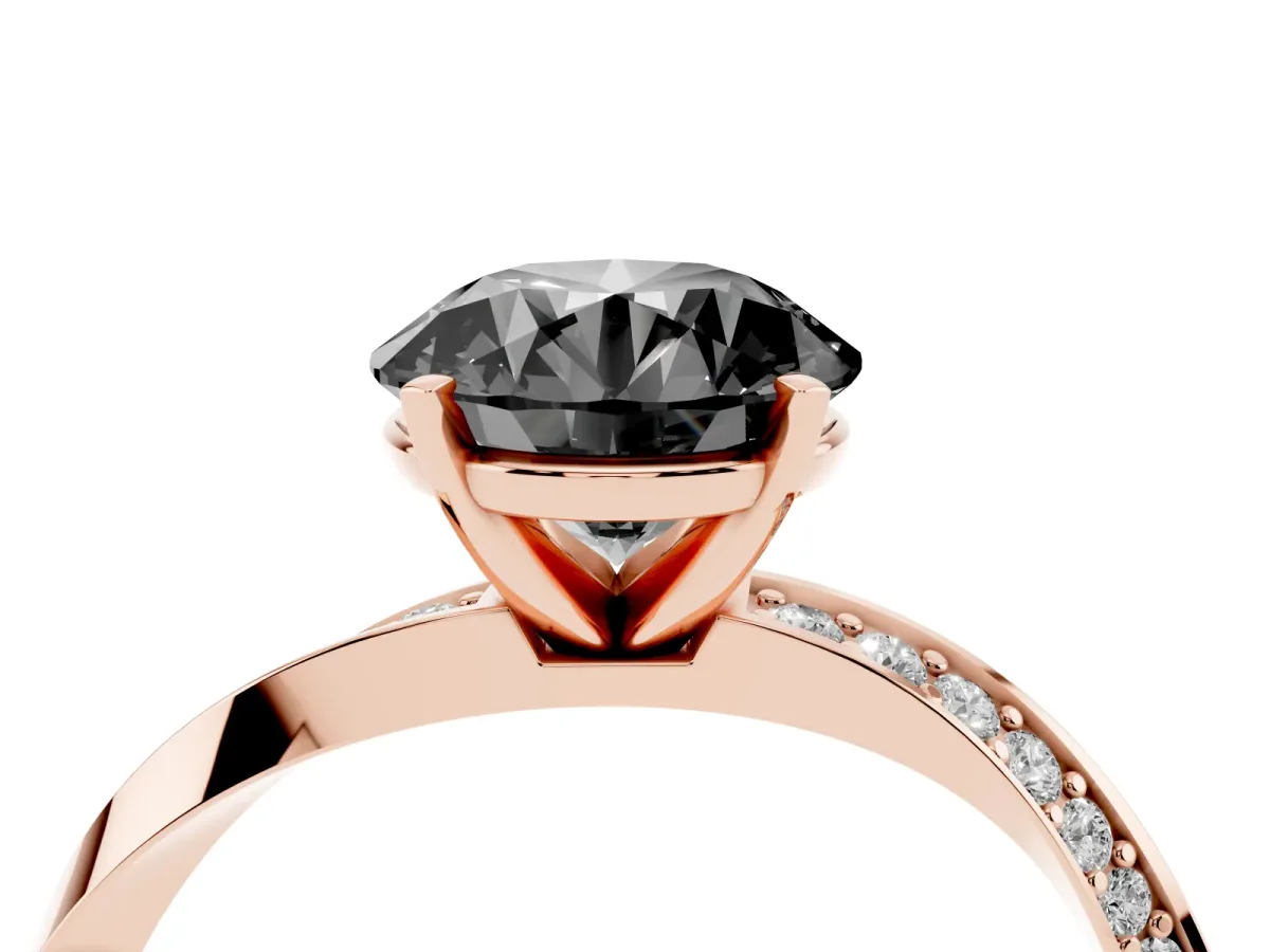 Fancy Black Round Cut Diamond Engagement Ring with Side Stone Accents and Four-Prong Setting Rose gold