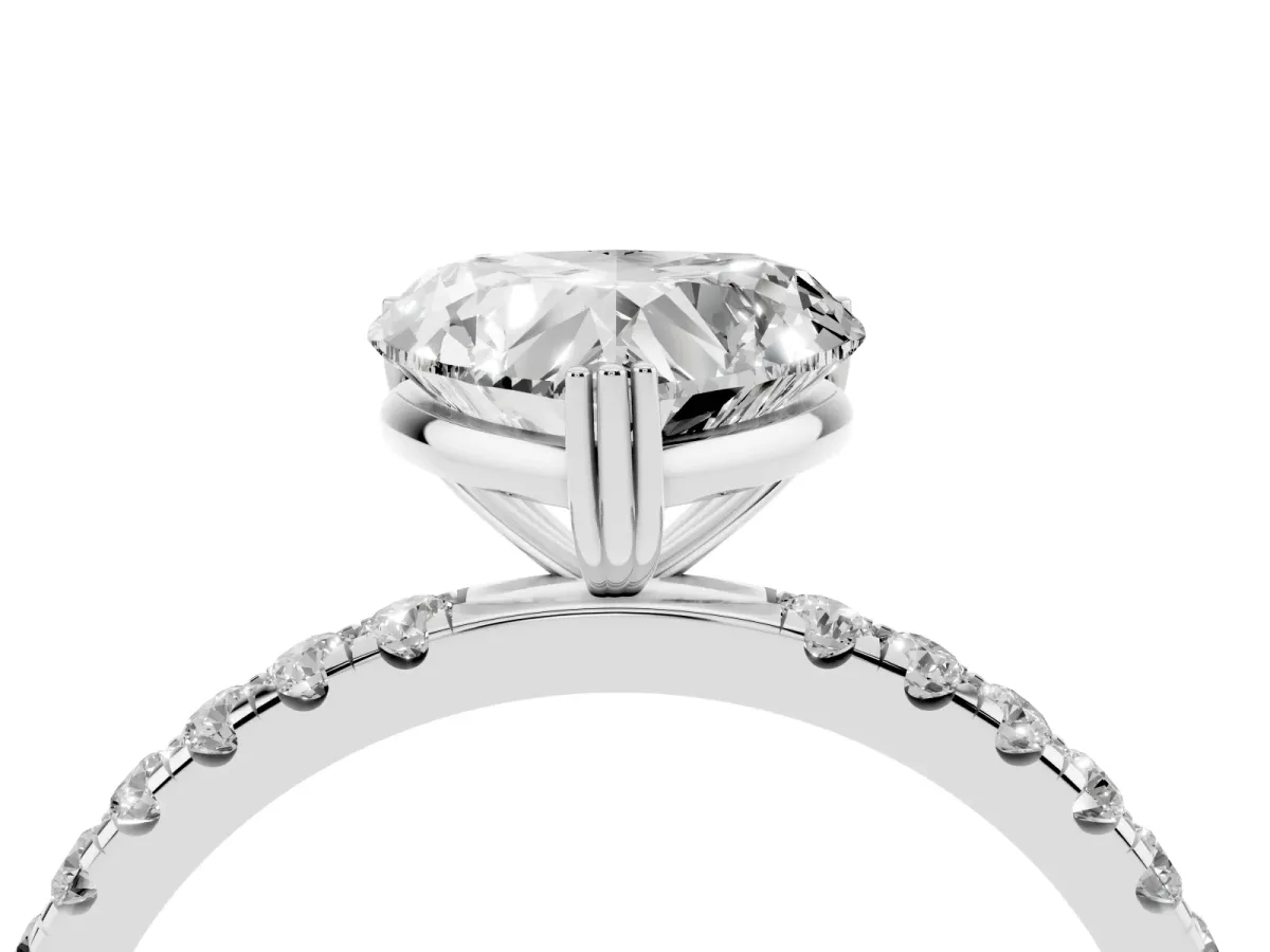 Heart Cut Brilliant Solitaire with Pavé Band and Claw Prong Setting Silver