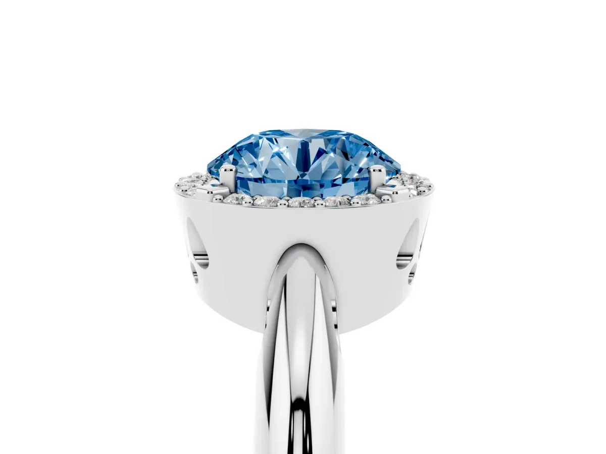 Fancy Blue Round Cut Cut Diamond Halo Engagement Ring with Split Shank and Four-Prong Setting Silver