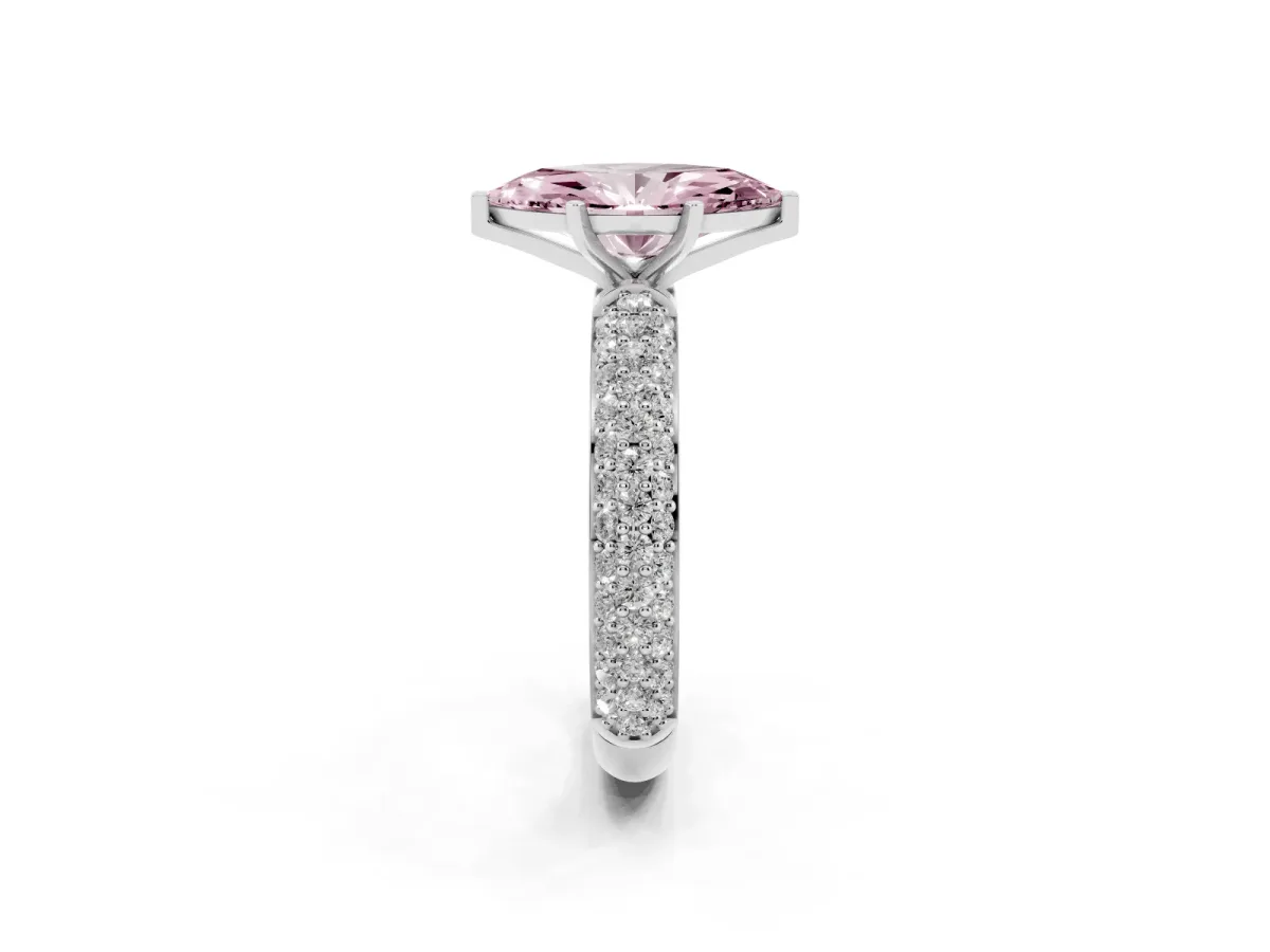 Fancy Pink Marquise Cut Diamond Solitaire Ring with Prong Setting and Pavé Band Silver