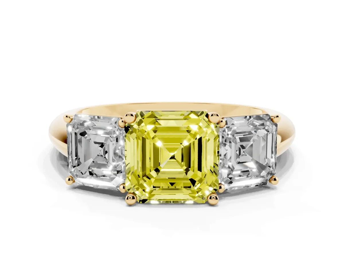 Fancy Yellow Three-Stone Asscher Cut Cut Diamond Engagement Ring with Prong Setting on a White Gold Band Yellow gold