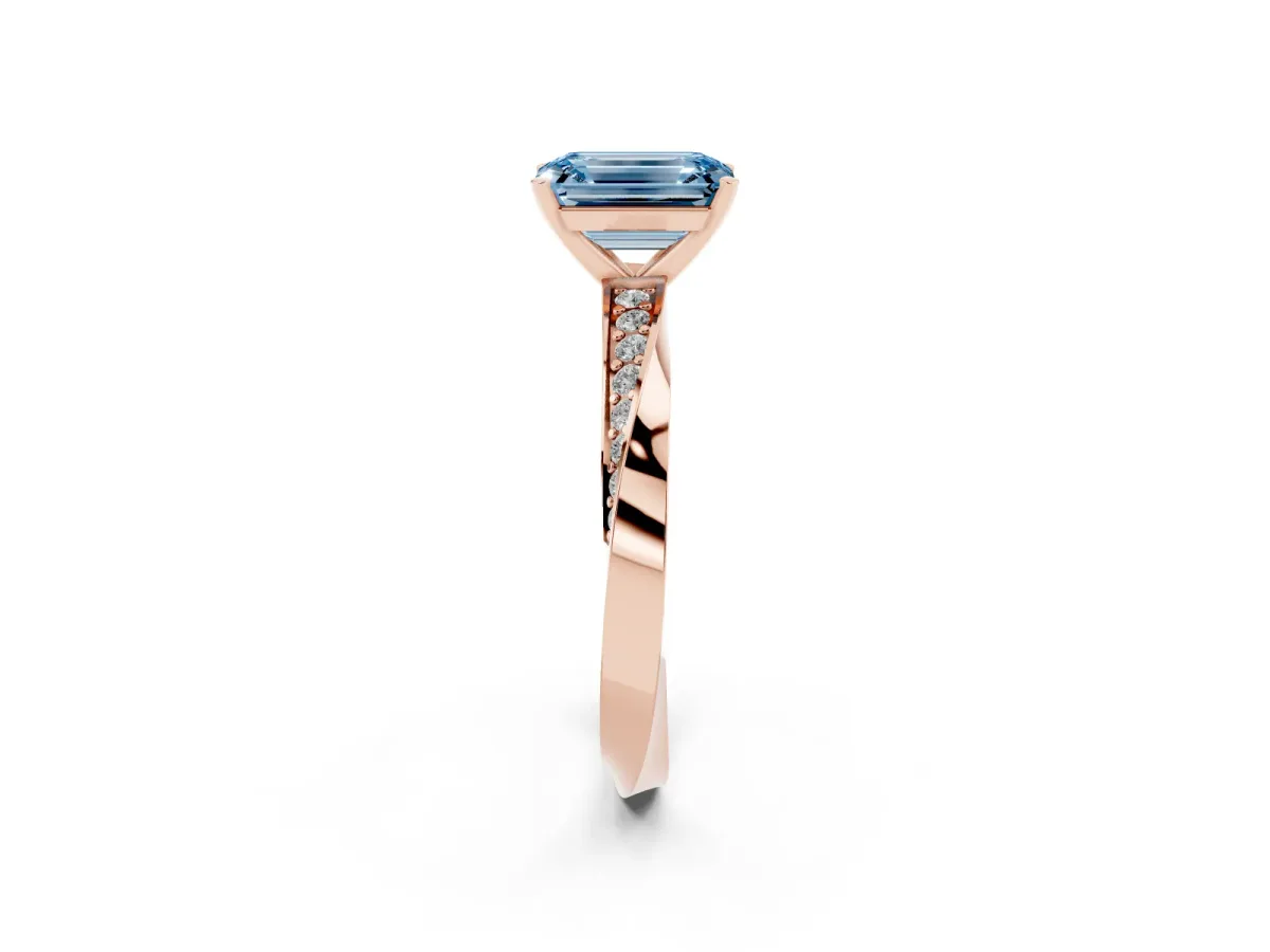 Fancy Blue Emerald Cut Diamond Engagement Ring with Side Stone Accents and Four-Prong Setting Rose gold