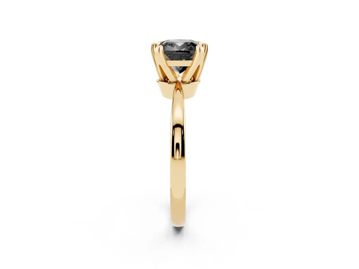 Fancy Black Cushion Cut Solitaire Engagement Ring with Six-Prong Setting and Tapered Band Yellow gold