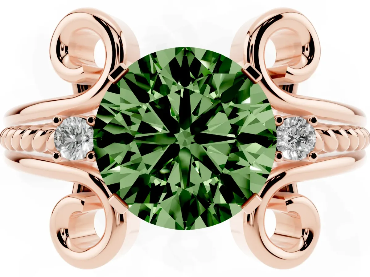 Fancy Green Round Cut Solitaire Twisted Band Scroll Prong Ring Rose gold