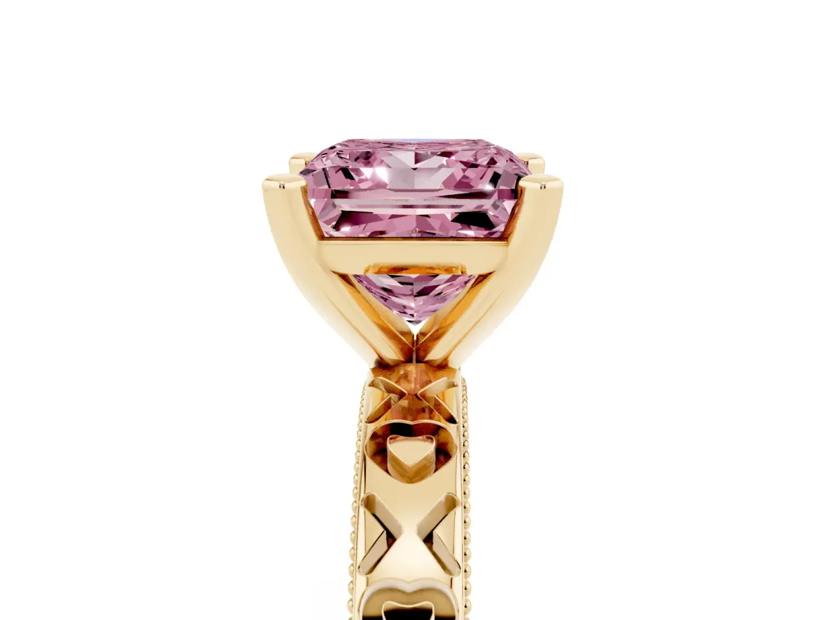 Fancy Pink Princess Cut Solitaire Diamond Engagement Ring with XO Engraved Band and Four-Prong Setting Yellow gold