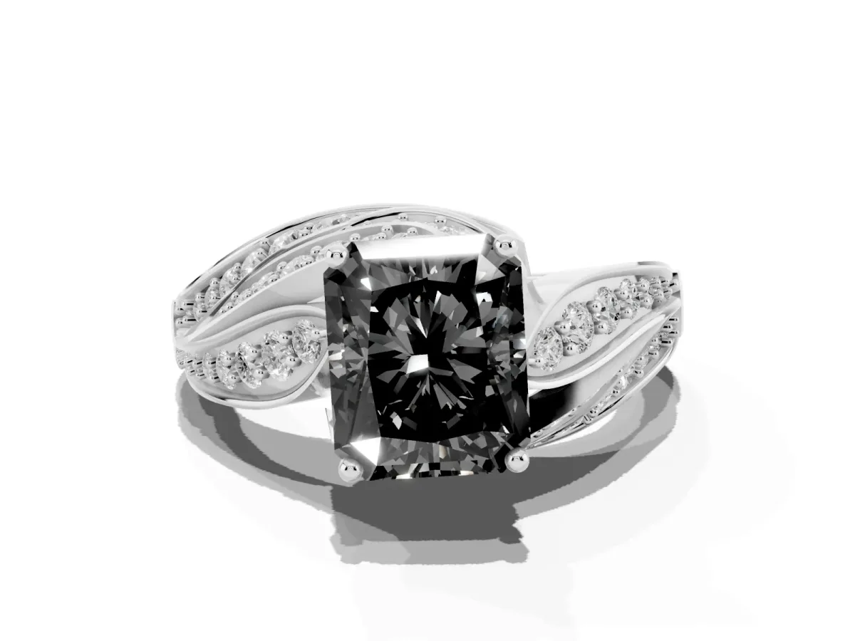 Fancy Black Radiant Cut Diamond Solitaire Ring with Prong Setting and Twisted Pavé Band Silver