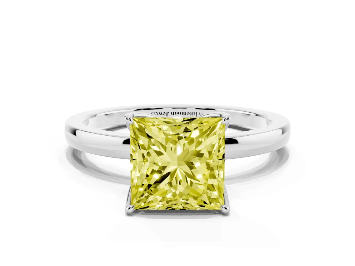 Fancy Yellow Princess Cut Diamond Solitaire Ring with Thin Band and Prong Setting Silver