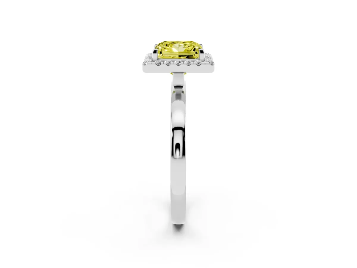 Fancy Yellow Princess Cut Halo Diamond Solitaire with Pavé Band and Four-Prong Setting White gold