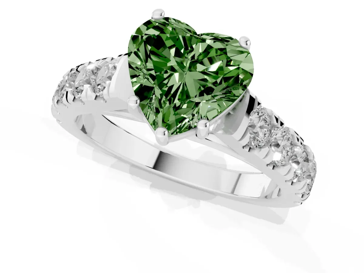 Fancy Green Heart Cut Cut Diamond Solitaire Ring with Micro Pave Band and Prong Setting Silver