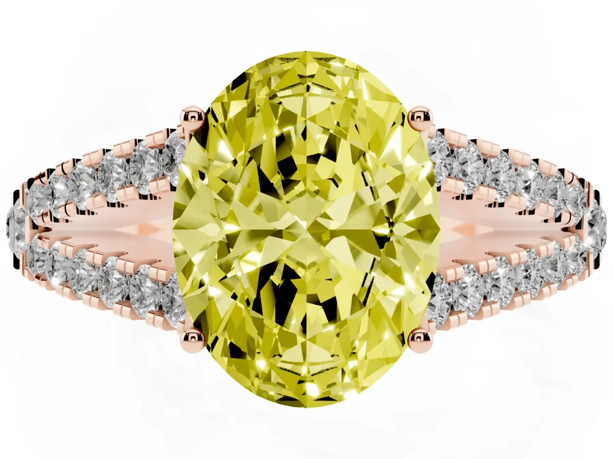 Fancy Yellow Oval Cut Diamond Split Shank Engagement Ring with Round Pavé and Prong Setting Rose gold