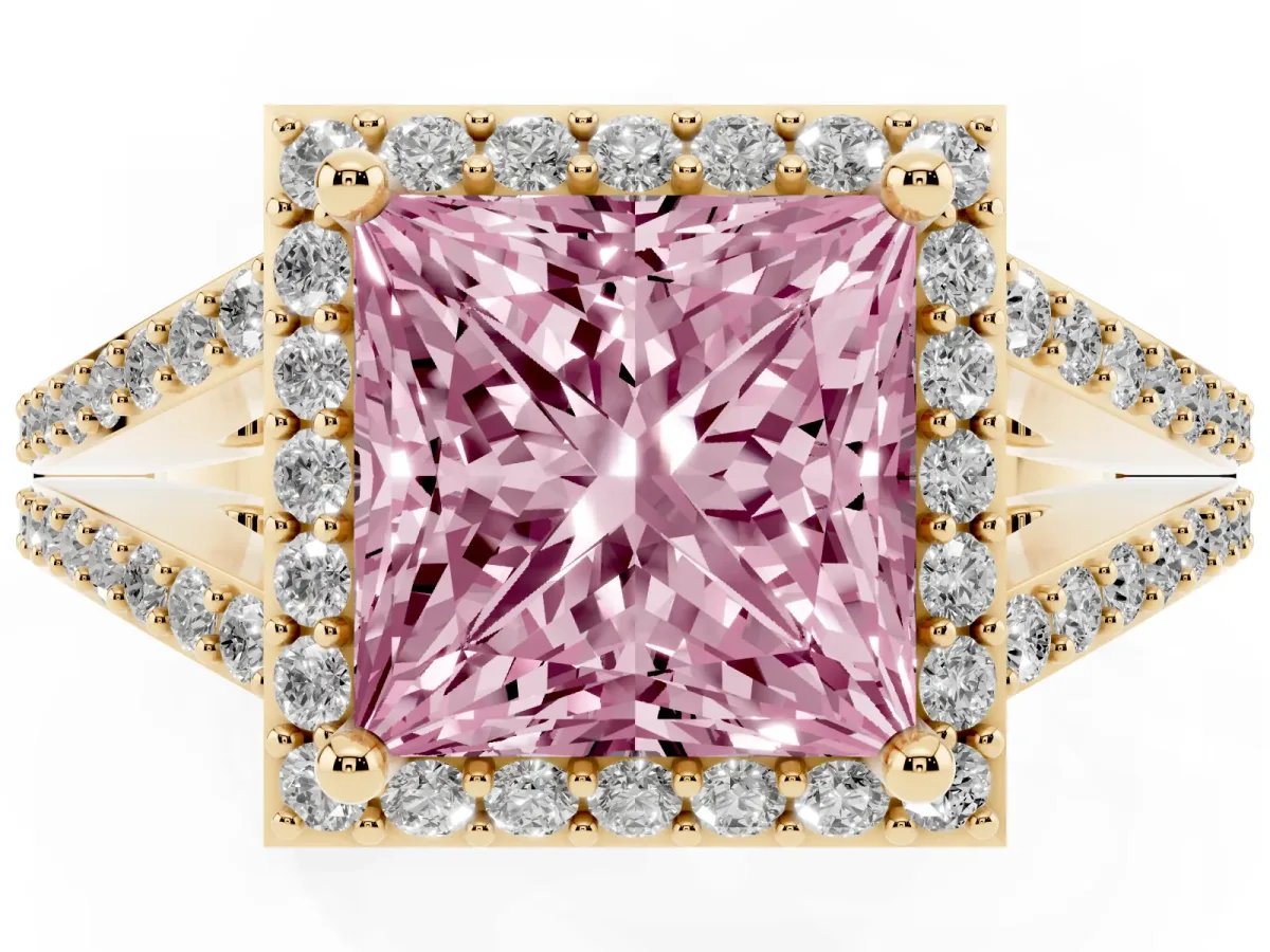 Fancy Pink Princess Cut Halo Split Shank Diamond Ring with Prong Setting Yellow gold