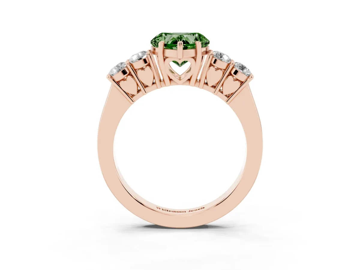 Fancy Green Heart Cut Cut Diamond Five-Stone Prong Set White Gold Ring Rose gold
