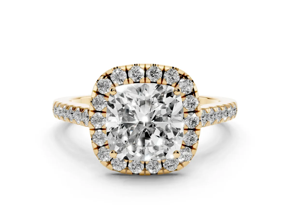 Cushion Cut Halo Pave Diamond Engagement Ring with Four-Prong Setting Yellow gold