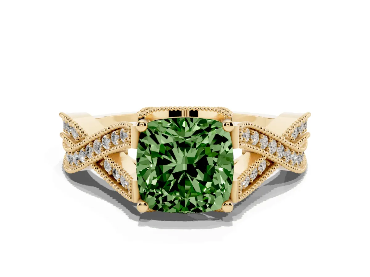 Fancy Green Cushion Cut Cut Diamond Twisted Band with Milgrain Pave Setting and Four-Prong Setting Yellow gold