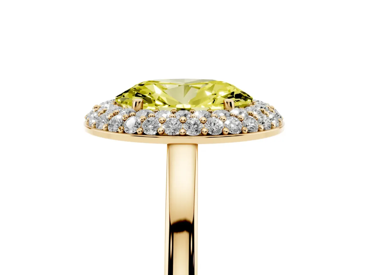 Fancy Yellow Oval Cut Halo Diamond Engagement Ring with Solitaire Band and Four-Prong Setting Yellow gold