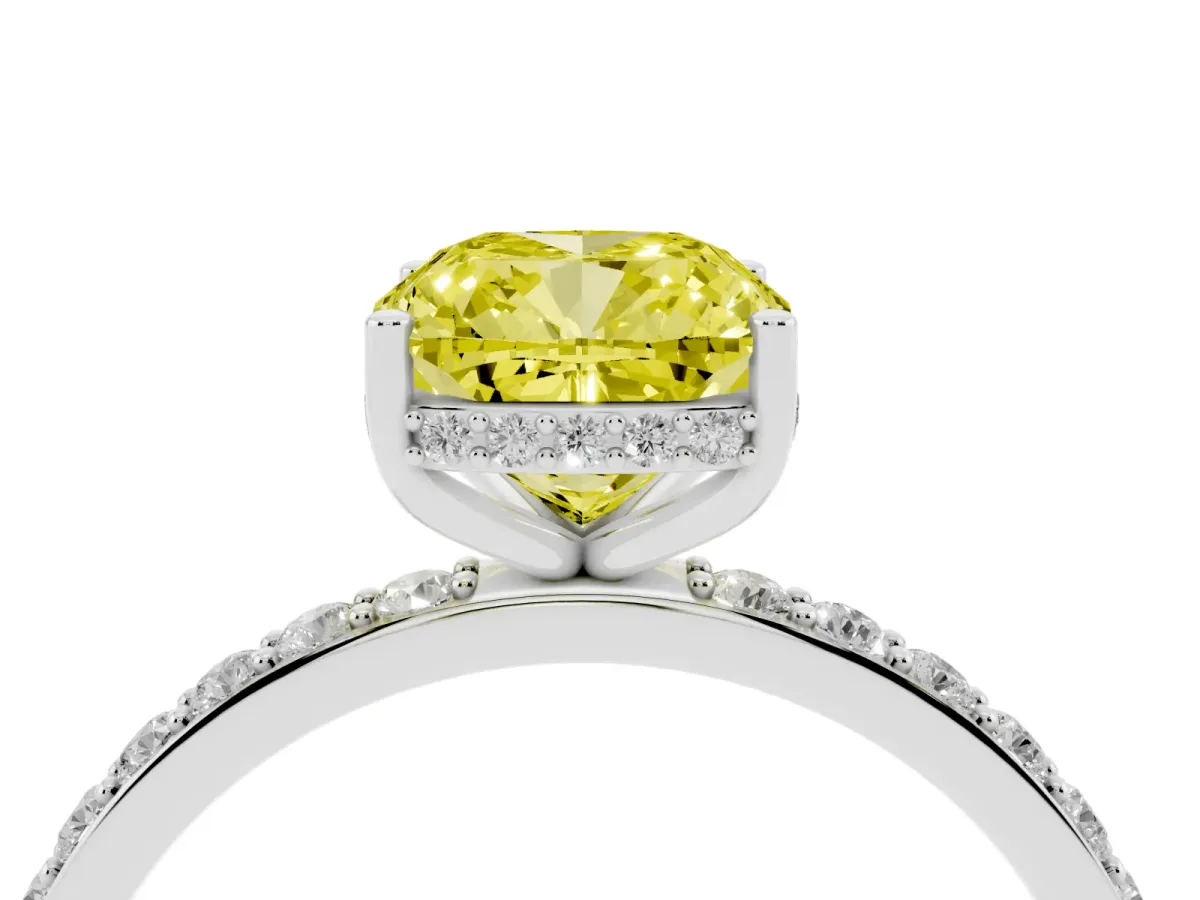 Fancy Yellow Cushion Cut Diamond Solitaire Ring with Pavé Band and Hidden Halo White gold