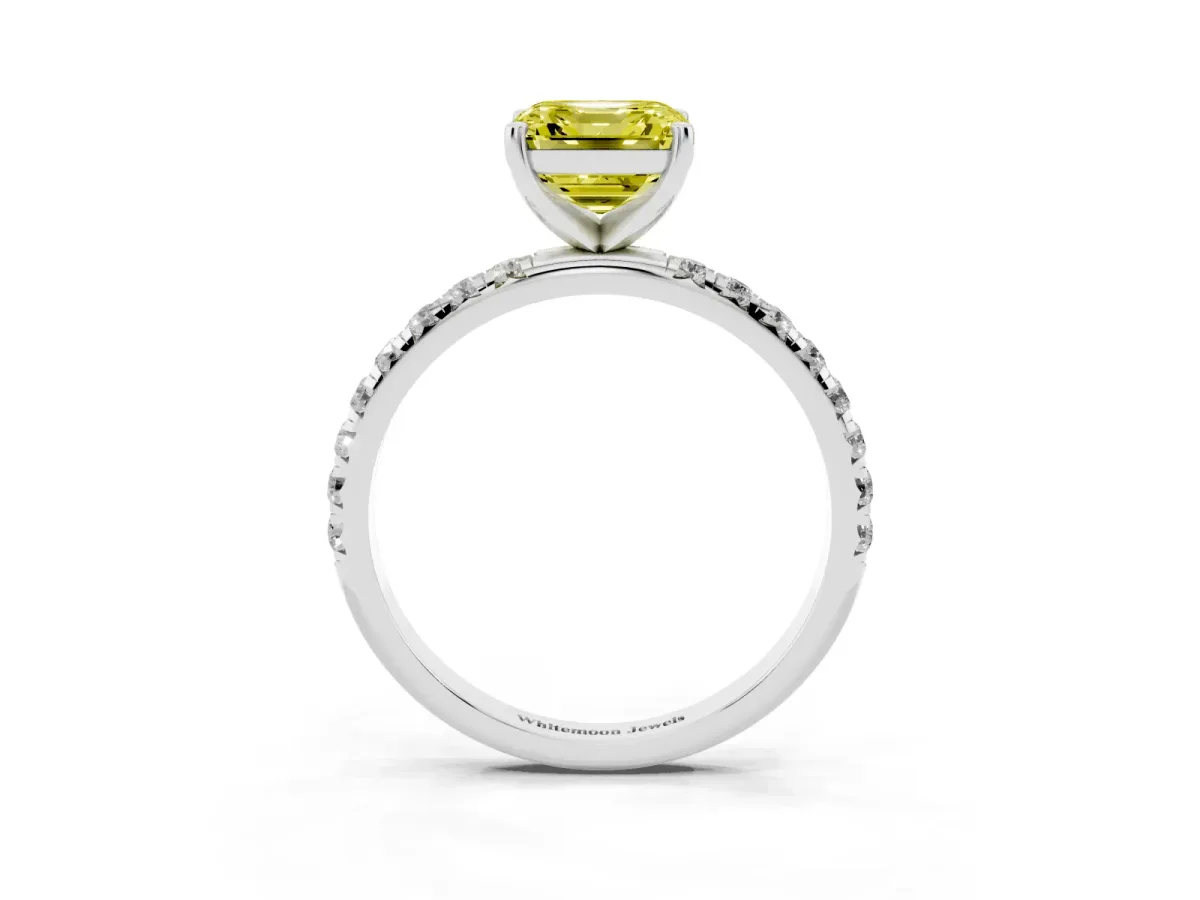 Fancy Yellow Asscher Cut Cut Diamond Solitaire Ring with Micro Pave Band and Four Prong Setting Platinum