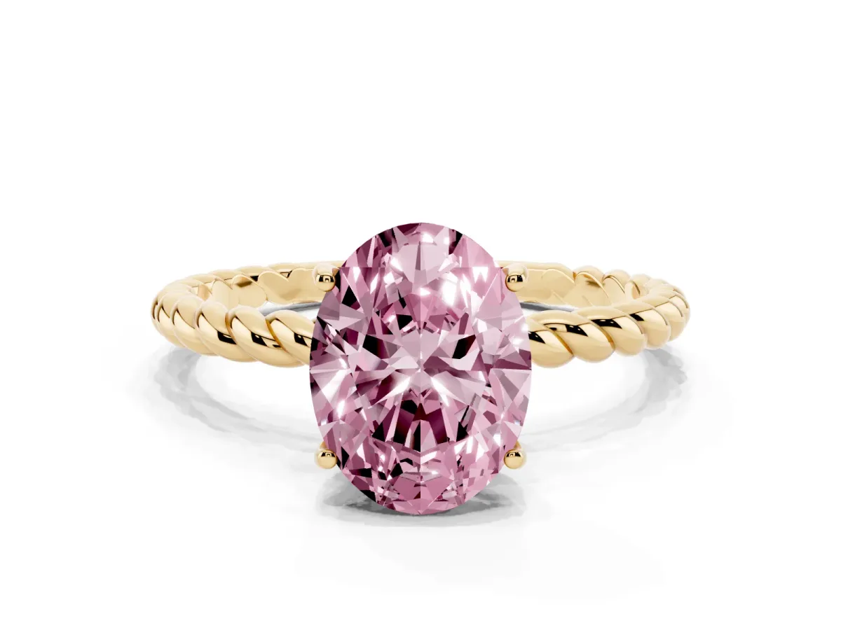 Fancy Pink Oval Cut Solitaire Twist Band Ring with Four-Prong Setting Yellow gold