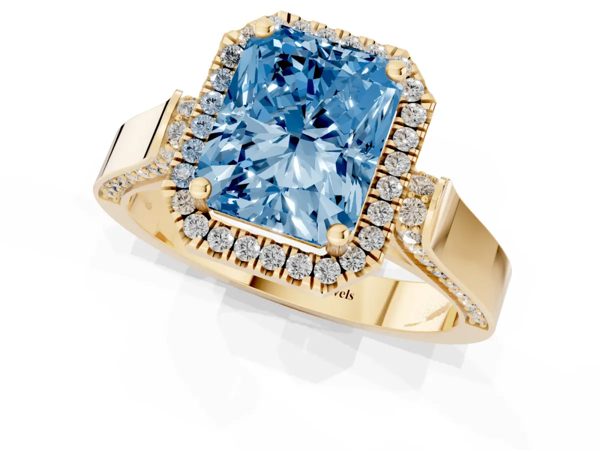 Fancy Blue Radiant Cut Halo Round Diamond Twist Band with Four-Prong Setting Yellow gold